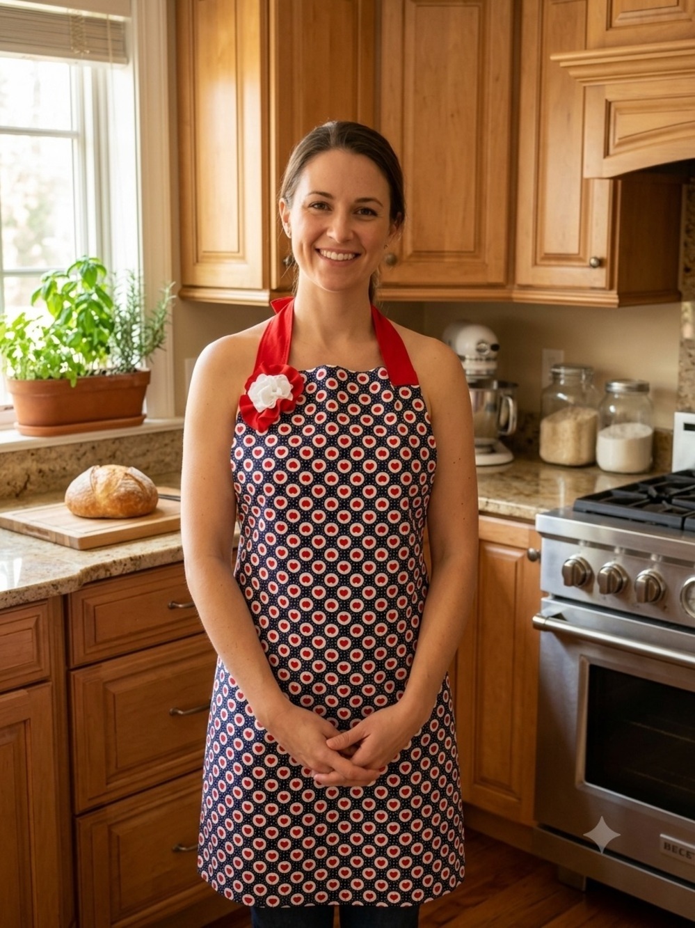 2100 - Red & Navy Polka Heart Halter Apron